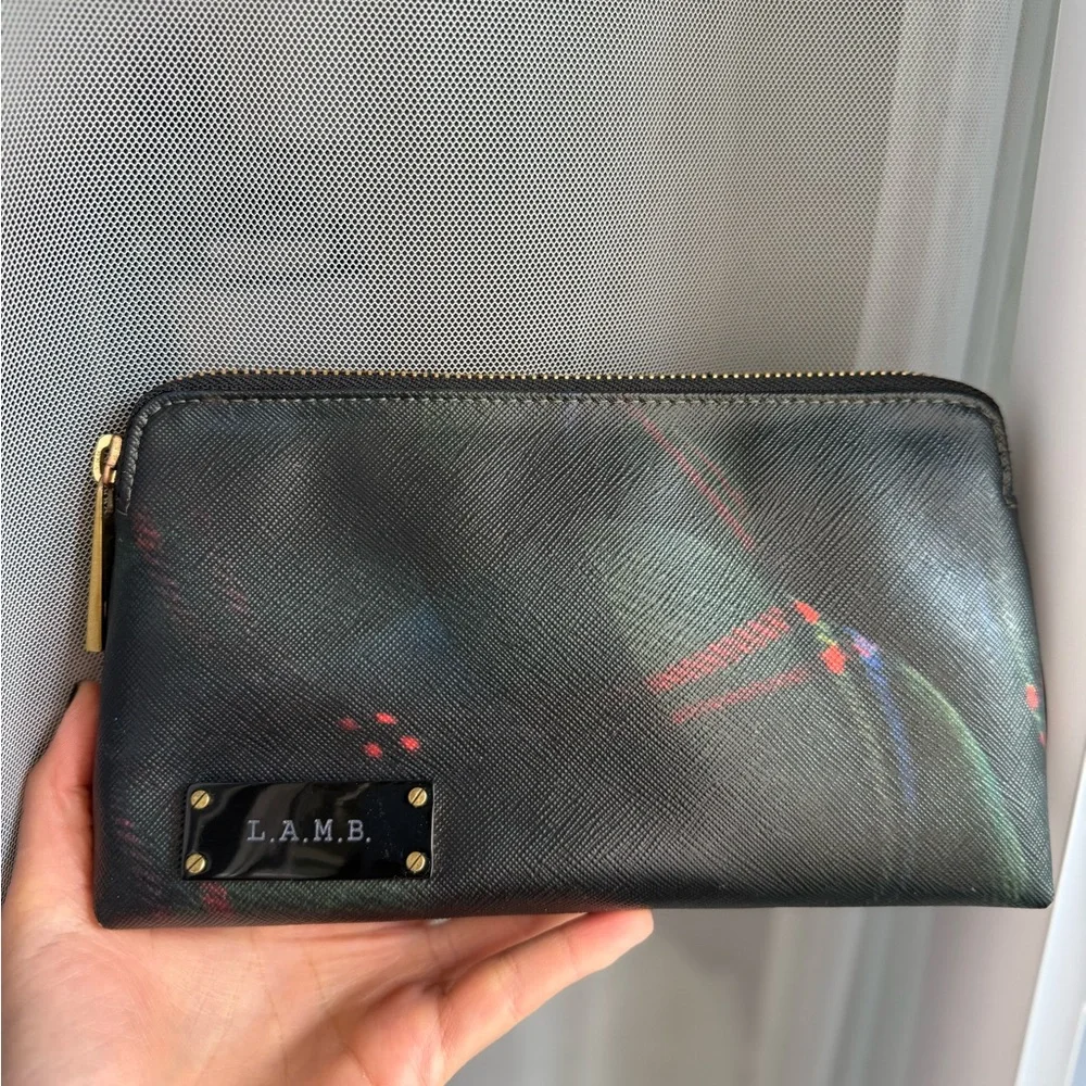 L.A.M.B. Navy Tartan Plaid Print Top Zip Logo Cosmetic Bag Clutch, GENTLY USED‎